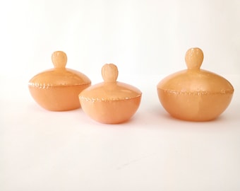 Set of 3 vintage alabaster lidded jars circa 1950 Mcm round alabaster trinket boxes vanity or boudoir jars small bonbon dishes