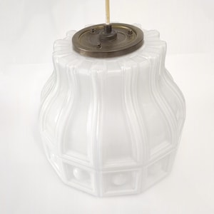 Art deco pendant light with white opaline and brass circa 1940 Large milk glass hanging light with geometric design from Spain