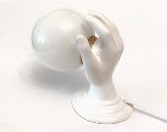 White ceramic hand table lamp or wall lamp with white opaline globe from the 1970s