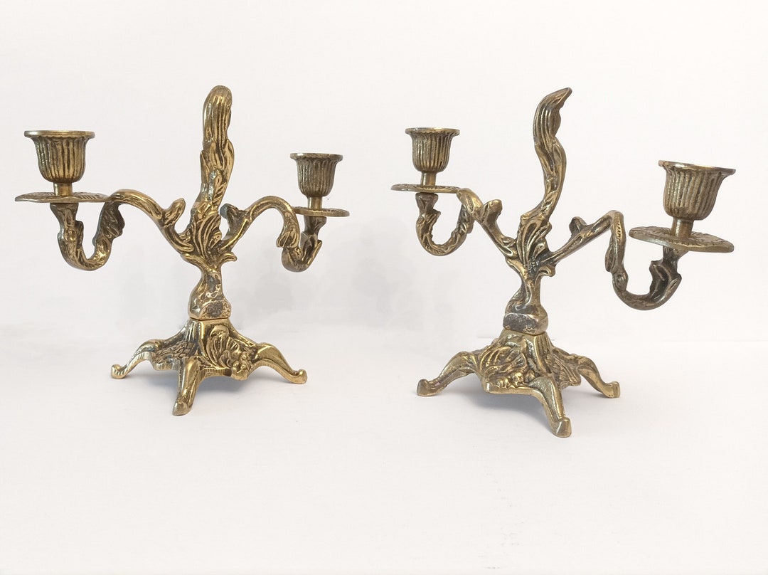 Pair of Antique Candelabra Circa 1940 Ornate Bronze Candlestick Holders