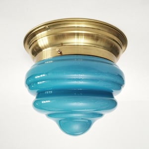 Antique blue opaline flush mount ceiling light from Spain circa 1920  art deco opaline with brass blue milk glass light
