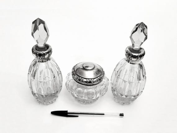 Sterling silver and crystal set of two perfume bottles and lidded jar from Spain circa 1950 Vintage hallmarked silver and crystal vanity set