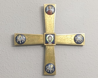 Vintage Spanish wooden cross with ceramic medallions circa 1970 gold mid century wall crucifix