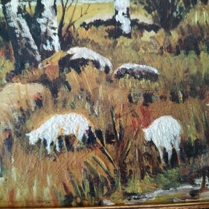 May include: A painting of a rural landscape with white sheep grazing in a field. The sheep are painted in a stylized manner with thick brushstrokes. The background features trees and a stream.