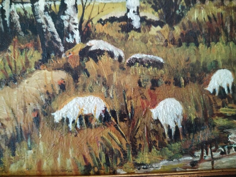 May include: A painting of a rural landscape with white sheep grazing in a field. The sheep are painted in a stylized manner with thick brushstrokes. The background features trees and a stream.