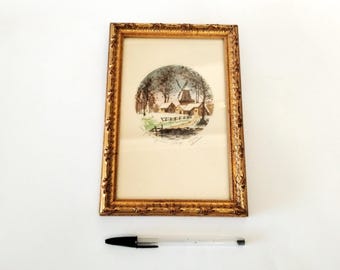 Original signed and framed ink drawing and watercolour circa 1980 Small miniature ink drawing