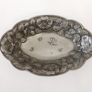 Vintage Art Nouveau style pewter tray circa 1960 from Belgium Etain bowl or centerpiece with butterfly bees and flowers trinket dish