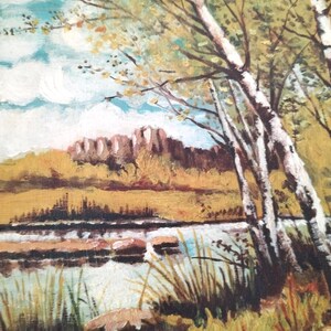May include: A painting of a landscape with a river, trees, and a distant building. The trees are white birch trees with green leaves. The river is blue and the building is brown. The sky is blue with white clouds.