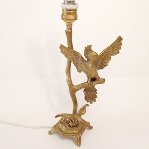 Brass and bronze table lamp with a parrot and chick in its nest from France circa 1940 antique French bird lamp ornate French brass lamp