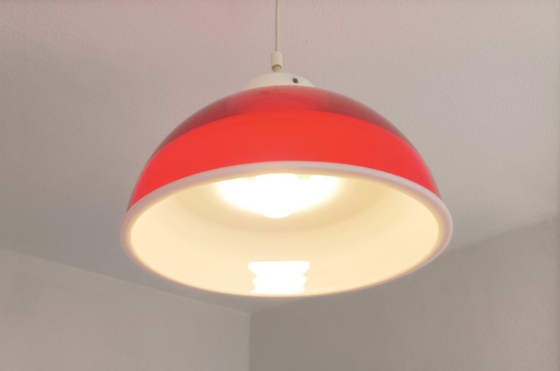 Mcm red and white space age methacrylate pendant light made in the 1970's red plexiglas light image 10