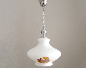 Mid century French opaline pendant light with Fragonard romantic scenes design circa 1960 vintage white opaline and chrome light