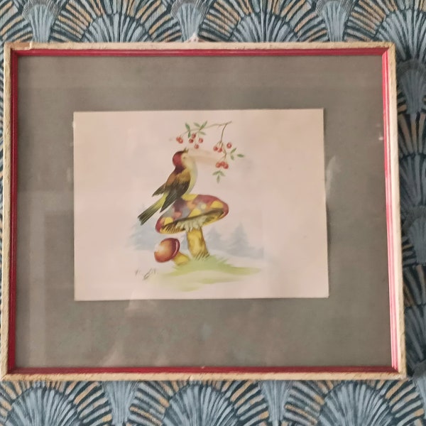 Impression vintage Mcm encadrée représentant un oiseau et des champignons vers 1950 Espagne rossignol kitsch