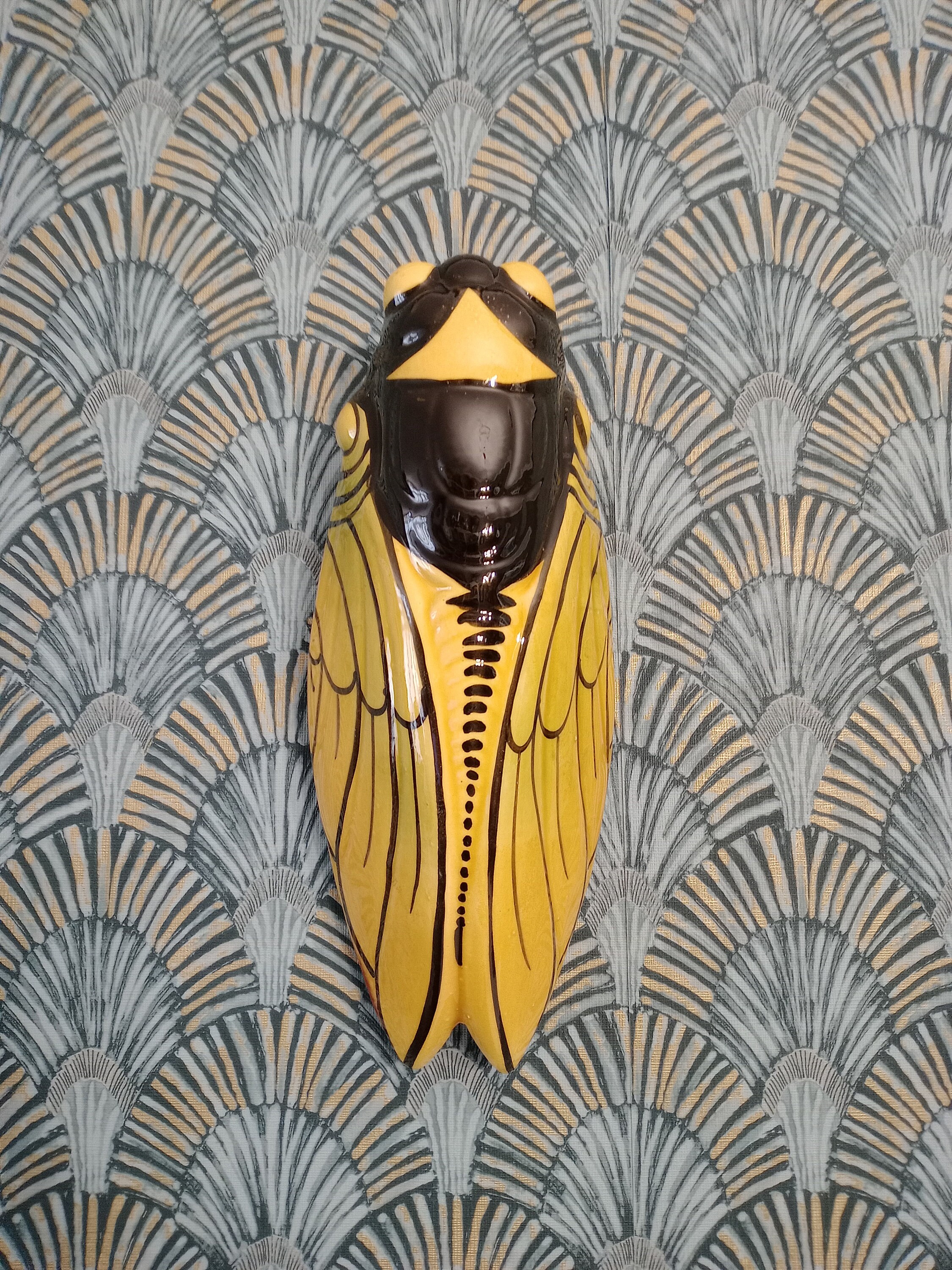 Large Yellow and Black French Vintage Ceramic Cicada Hanging
