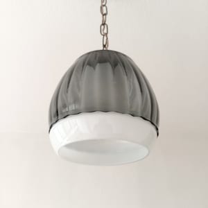 Mid century pendant light with black glass and white opaline globe from the 1960&#39;s