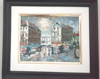 Mid century vintage oil painting on canvas of Parisian city life from the 1980s