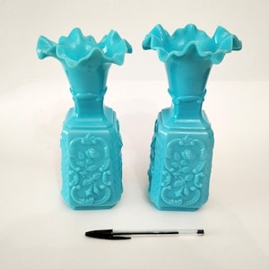 Portieux antique French blue opaline  &quot;carré&quot; vases circa 1920 Pair of blue vases by Portieux France