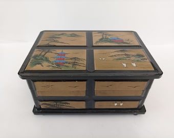 Japanese lacquered black and gold music box with ballerina playing The swan lake circa 1970 chinoiserie jewellery box trinket box