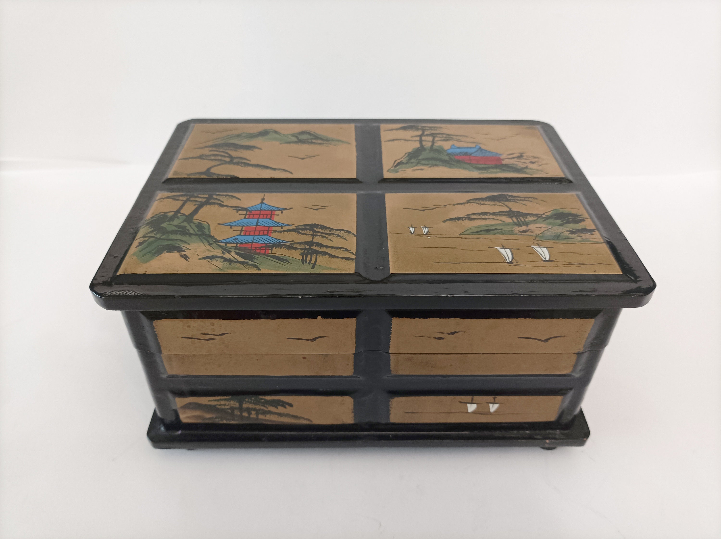 Japanese Lacquered Black and Gold Music Box With Ballerina Playing