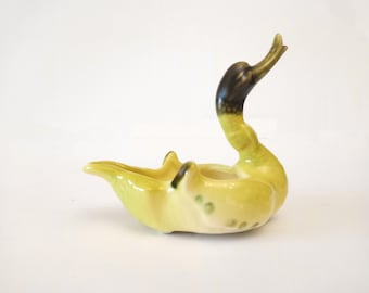 Yellow ceramic hand painted duck from Spain circa 1960 yellow duck trinket dish or ashtray kitsch duck tray smokers gift Small catchall dish