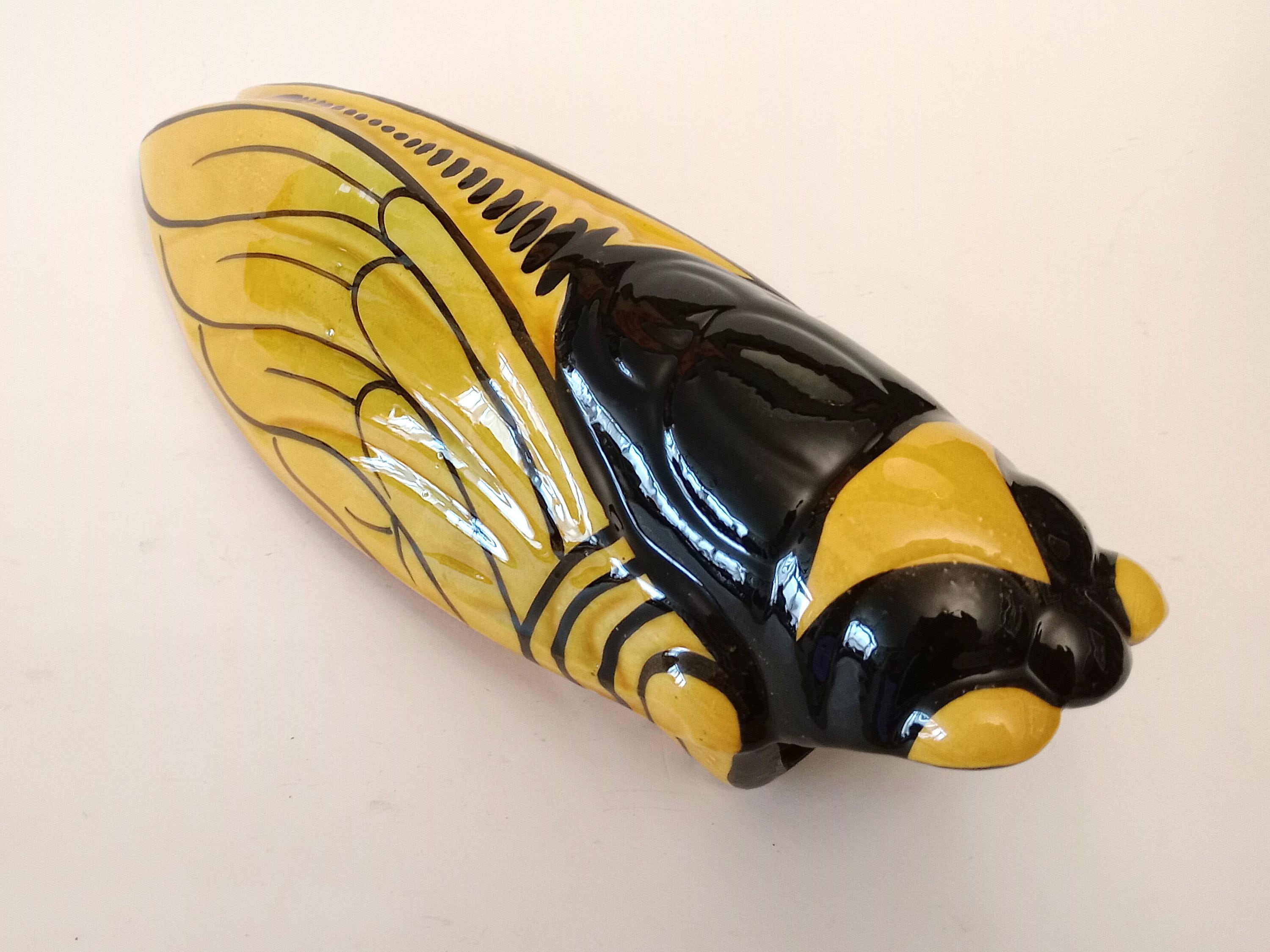 Large Yellow and Black French Vintage Ceramic Cicada Hanging