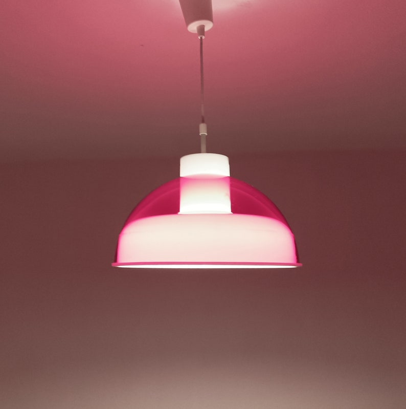 Mcm red and white space age methacrylate pendant light made in the 1970's red plexiglas light image 9