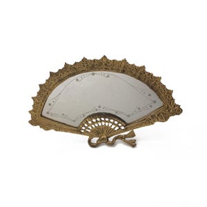 Antique French ornate bronze fan mirror from the 1920s etched glass table mirror Art Nouveau table mirror boudoir fan mirror