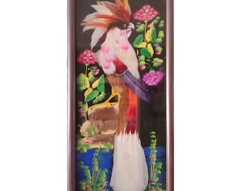 Tableau original peint à la main, représentant un cacatoès avec de véritables plumes, vers 1970. Petit cadre représentant un oiseau. Art populaire mexicain. Peinture de perroquet.