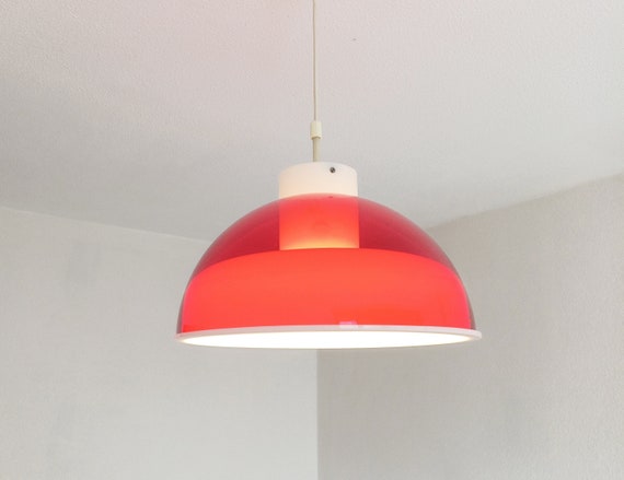 Mcm red and white space age  methacrylate pendant light made in the 1970's red plexiglas light