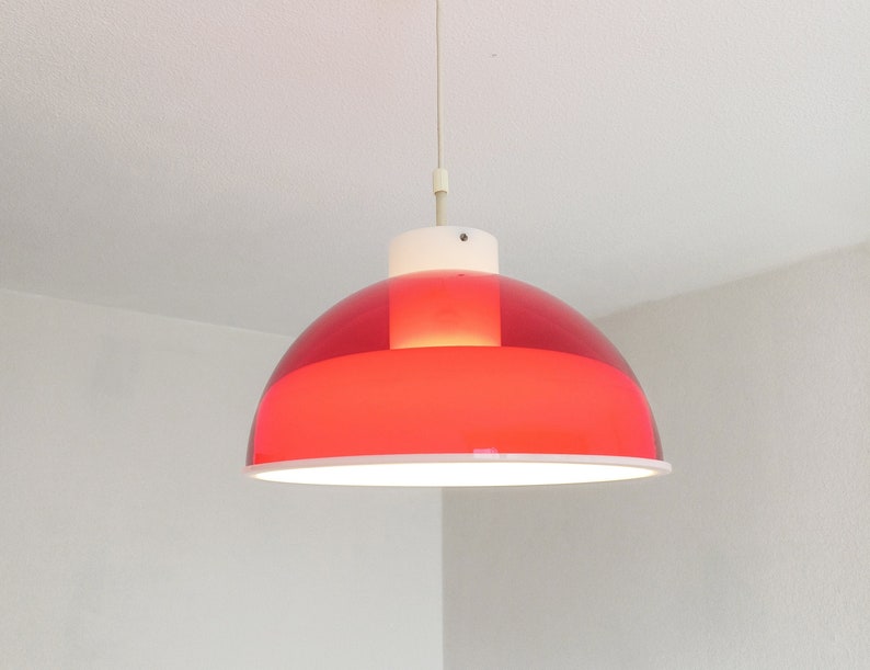 Mcm red and white space age methacrylate pendant light made in the 1970's red plexiglas light image 1