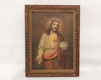Vintage printed image of Christ  circa 1950 framed Sacred heart of Jesus from Spain