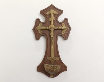 Vintage wooden crucifix with metal container for holy water and metal Jesus circa 1950 from Spain