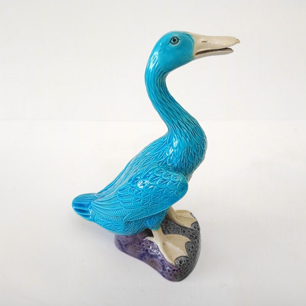 Large vintage porcelain figurine of goose circa 1950 Chinese porcelain goose figure in turquoise and purple bird lovers decor