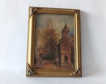 Petite aquarelle originale d'une église d'un artiste espagnol vers 1940 aquarelle encadrée