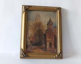 Small original watercolour of a church from Spanish artist circa  1940 framed watercolour