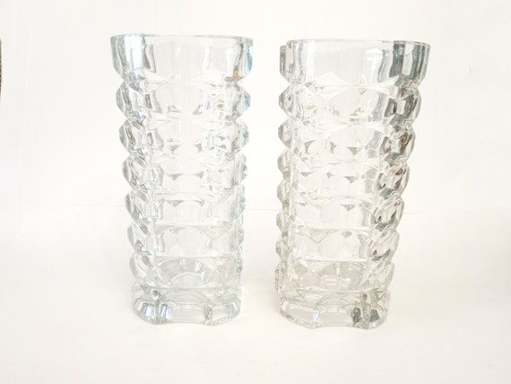 Beautiful pair of mcm vases with raised geometric design made in France circa 1970 Brutalist French pressed glass vases