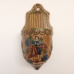Large vintage ceramic hanging ornament  glazed wall pocket vase circa 1970 from France wall flower pot holder or vase