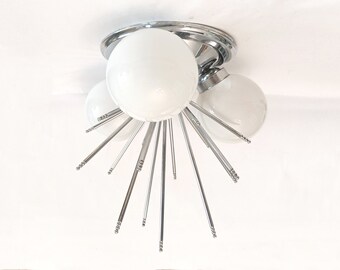 Space age chrome Sputnik ceiling light with three white glass globes circa 1960 iconic vintage light