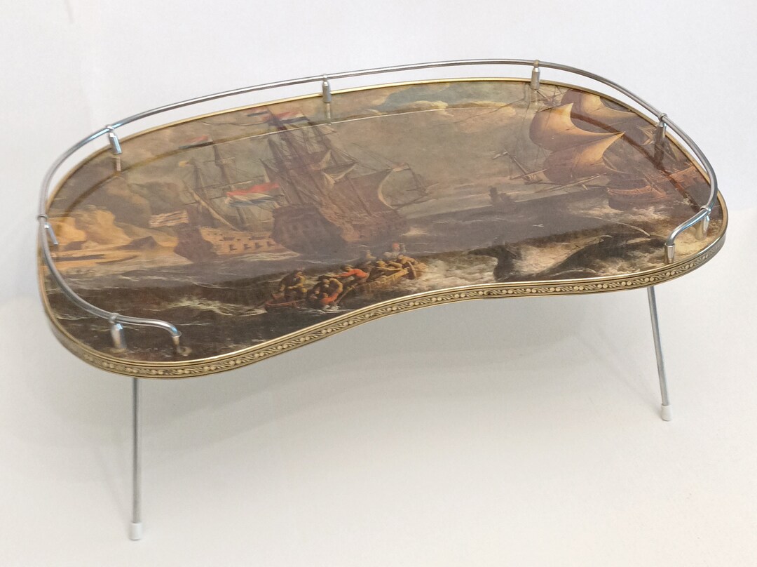 Large mcm vintage folding bed tray depicting an old fashioned whaling