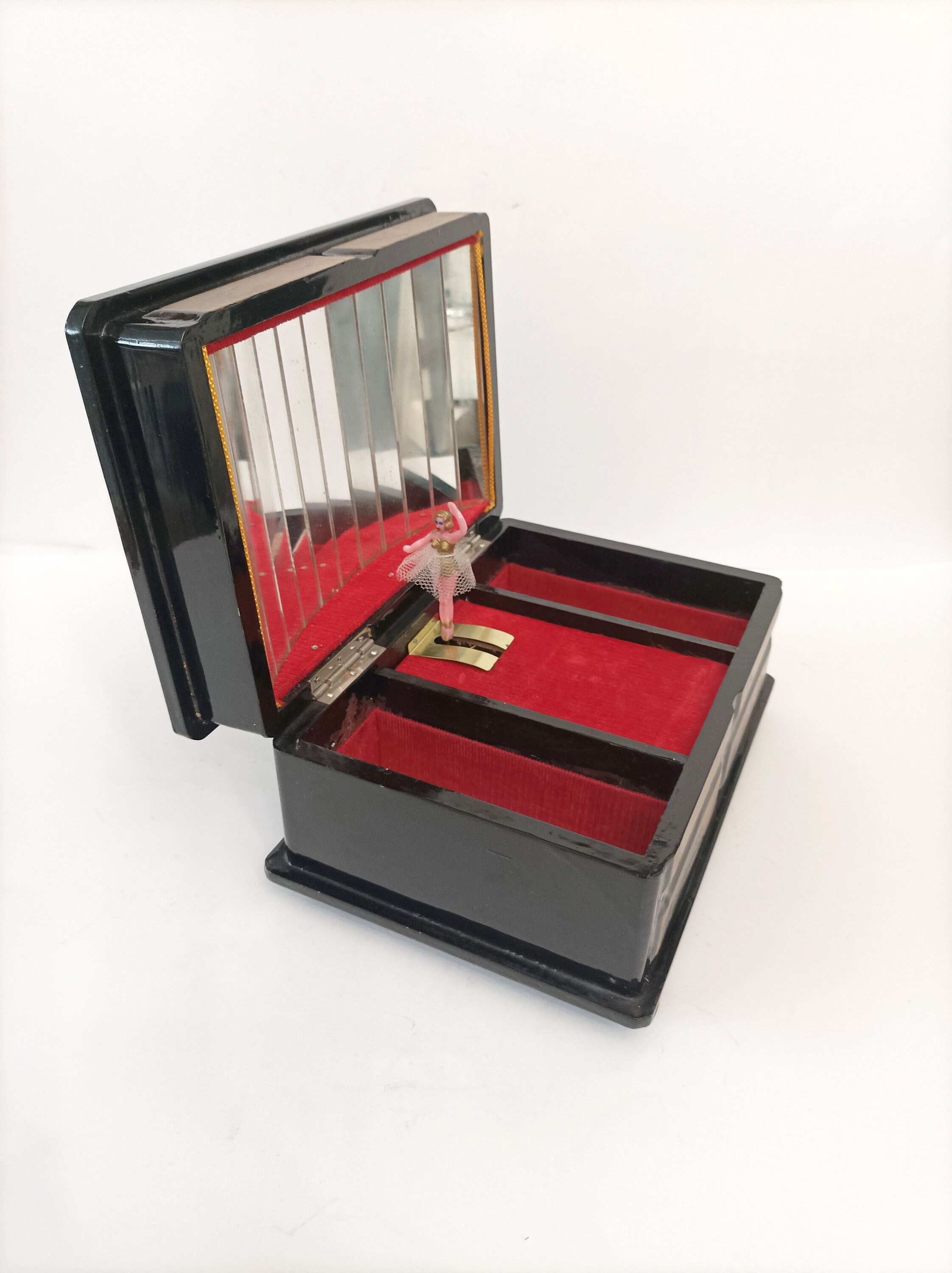 Japanese Lacquered Black and Gold Music Box With Ballerina Playing