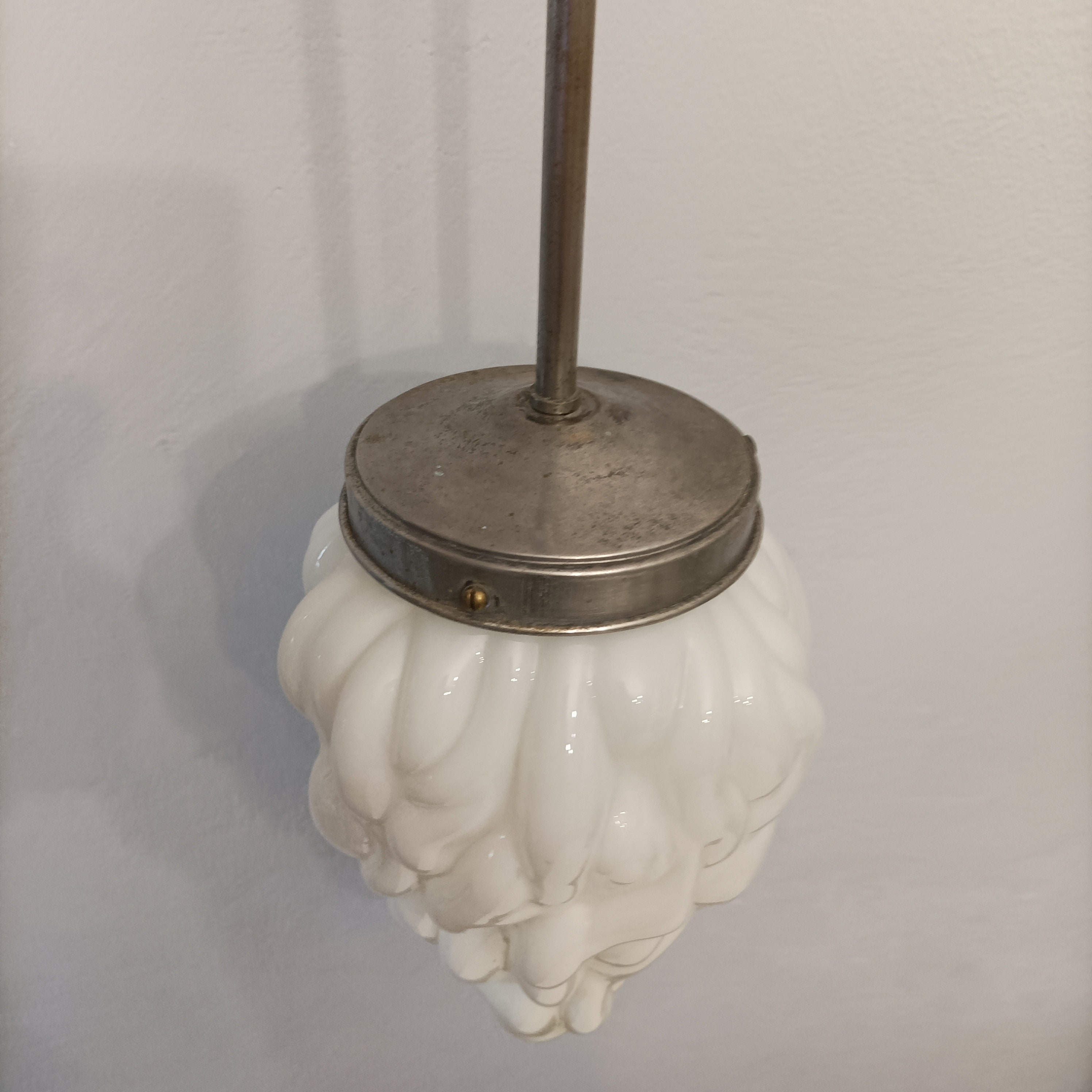Art Deco Flame Pendant Light With White Opaline Glass Shade Circa