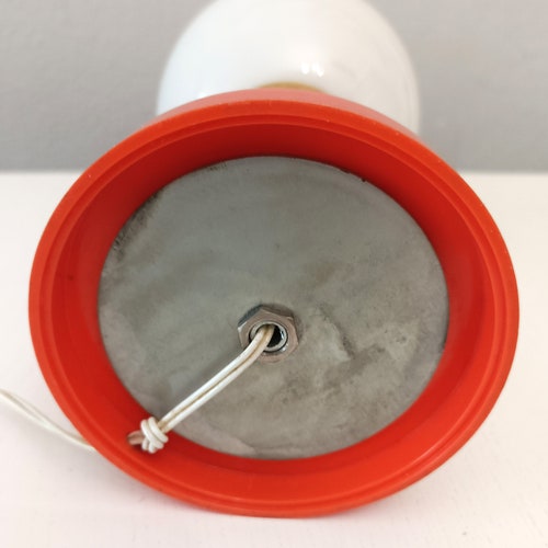 Pop era mid century modern orange and brass side table lamp shops with white opaline globe 1970s