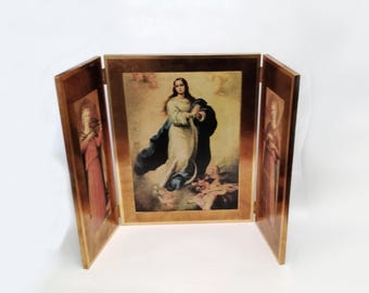 Religious triptych The Immaculate Conception of Los Venerables by Esteban Murillo Spain circa 1960 Large triptych Mary angels Catholic icon