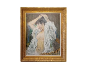 Original oil painting of woman doing her  hair signed by Spanish artist large vintage oil painting on board circa 1970 framed original art