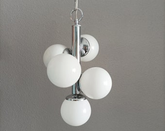 Atomic Space age Sputnik chrome pendant light with five white opaline glass globes circa 1960 Vintage ceiling light with glass shades