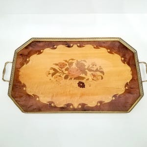 Italian serving tray with floral marquetry inlaid work and brass openwork reticulated gallery circa 1970 large wooden tray with handles