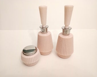 Vintage pink and silver opaline vanity set Spain circa 1960 light pink milk glass boudoir bottles with stoppers and jar with chromed lid