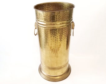 Vintage hammered  brass umbrella stand with lion head handles circa 1970 mcm cane or walking stick stand made in Spain