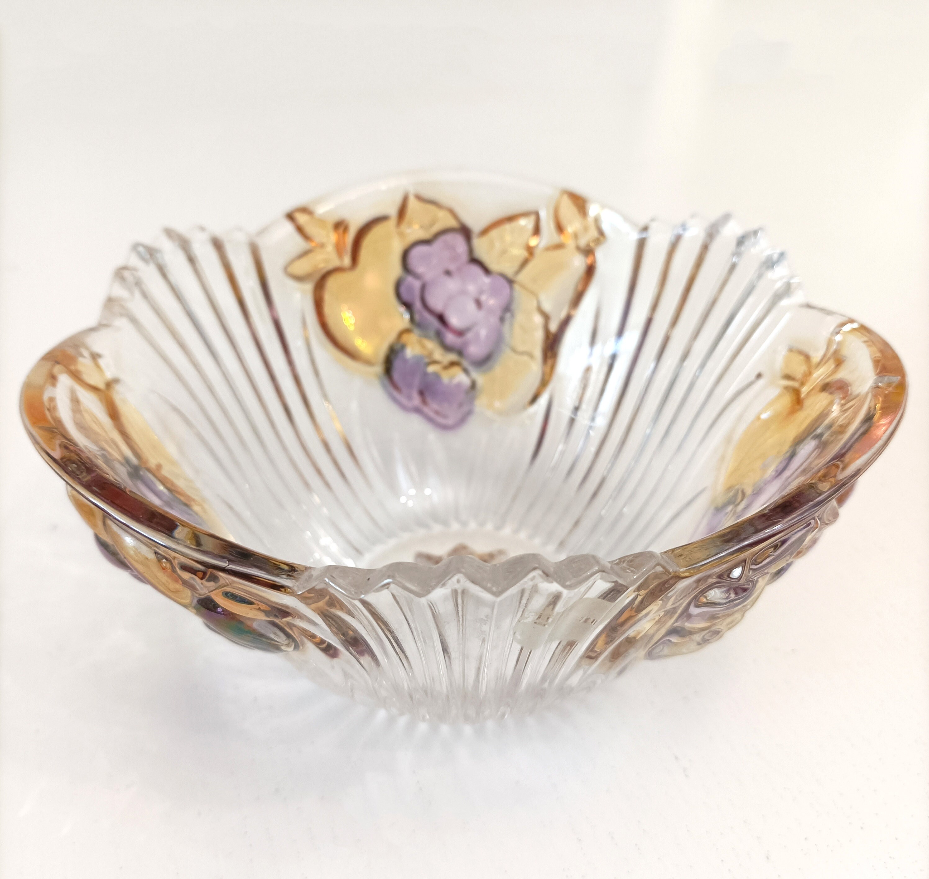 Hofbauer multicoloured German 24% lead crystal bowl  with scalloped edge and clear purple and caramel flowers and leaves