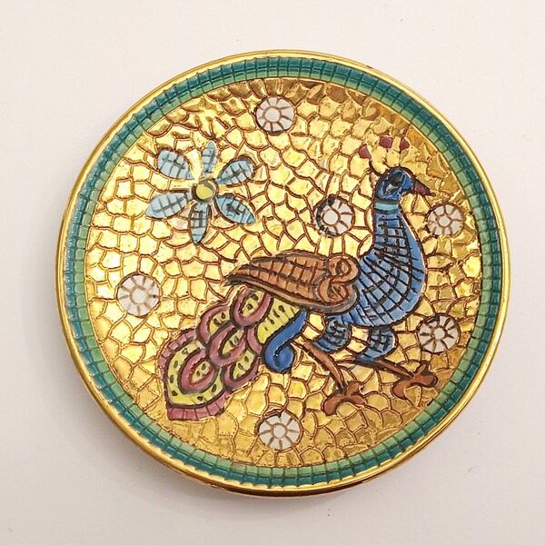 Small ceramic wall plate with peacock hand painted in 24 Karat gold from Italy circa 1960 plate by Mario Sambuco ceramics Deruta