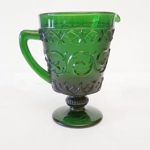 Green pressed glass water or wine jug or pitcher made by Vista Alegre Portugal circa 1970 large dark green pressed glass decanter